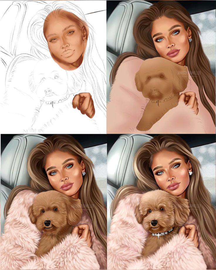 Free tutorial _ Drawing steps milleranastasiia Digital portrait illustration process of a woman with a fluffy dog, showcasing step-by-step progress in four panels. | Sky Rye Design Digital portrait illustration process of a woman with a fluffy dog, showcasing step-by-step progress in four panels.