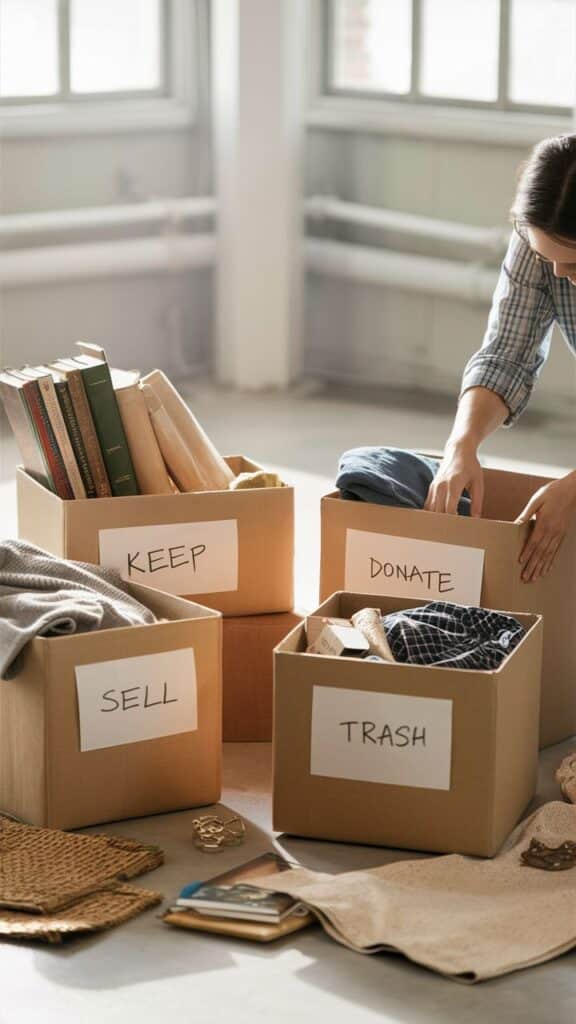 From Chaos to Calm_ Declutter Like a Pro 💪 Organizing with labeled boxes for keeping, donating, selling, and trashing items in a bright room. | Sky Rye Design Organizing with labeled boxes for keeping, donating, selling, and trashing items in a bright room.