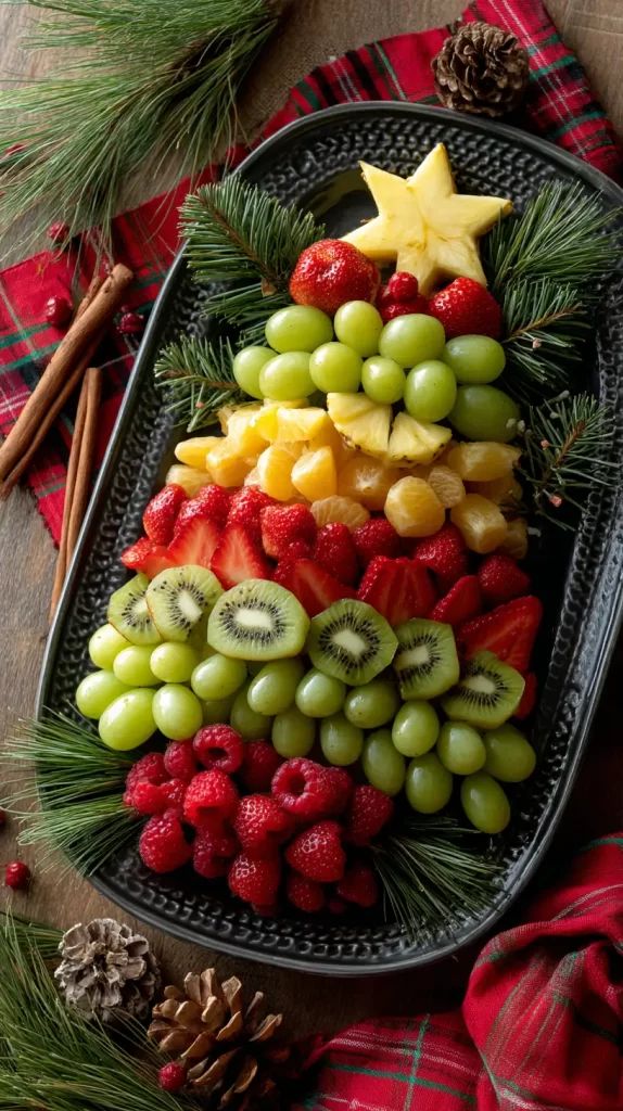 Festive fruit platter arranged as a Christmas tree with pine branches, featuring grapes, kiwi, and star-shaped pineapple.