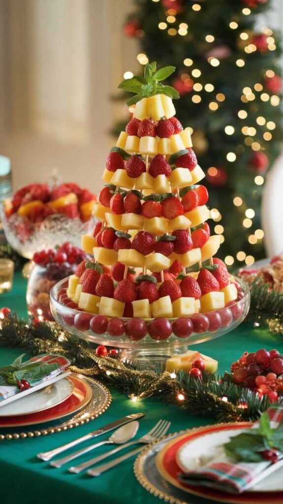 Festive fruit Christmas tree centerpiece with strawberries, pineapples, and grapes on a decorated holiday table.