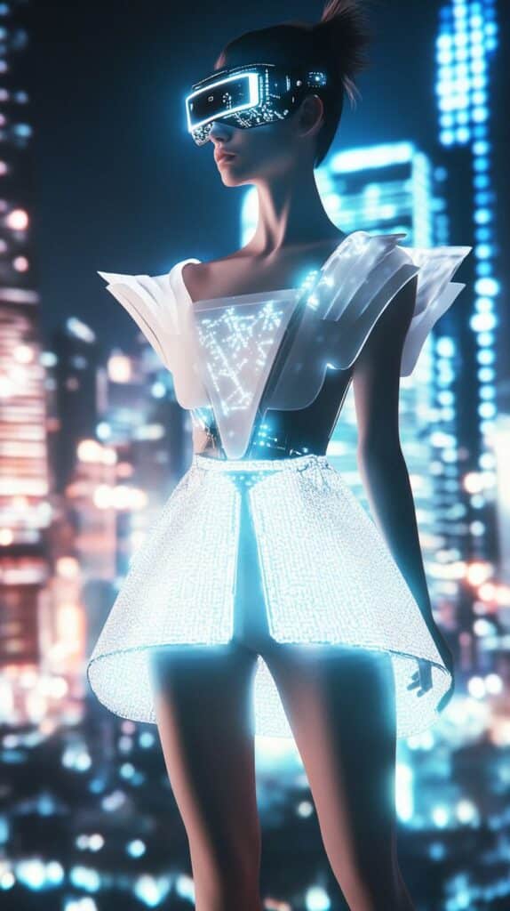 Future Fashion_ Tech-Infused Glam Glow Futuristic fashion model in glowing LED attire and VR headset with cityscape backdrop at night. | Sky Rye Design Futuristic fashion model in glowing LED attire and VR headset with cityscape backdrop at night.