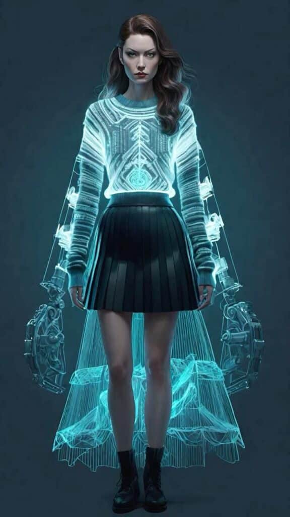 Futuristic sketch Woman in futuristic outfit with glowing digital elements, standing confidently against a dark background. | Sky Rye Design Woman in futuristic outfit with glowing digital elements, standing confidently against a dark background.