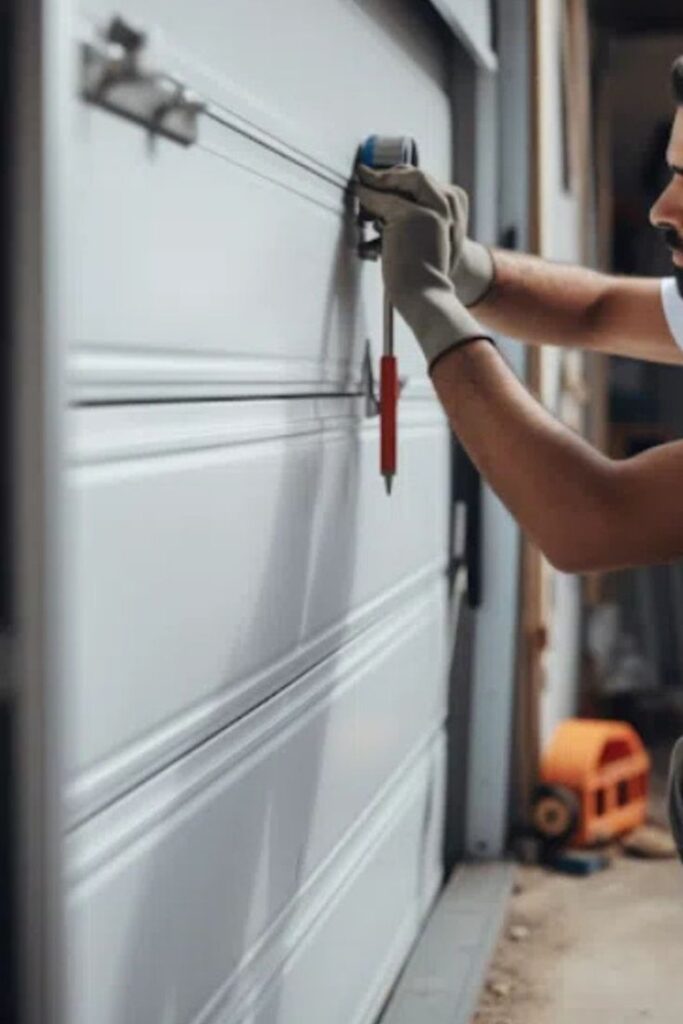Garage Door Repairv Technician repairing a garage door with tools, wearing gloves for safety. | Sky Rye Design Technician repairing a garage door with tools, wearing gloves for safety.
