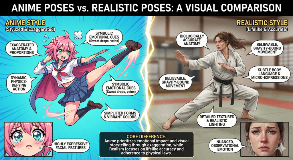 Gemini_Generated_Image_xqdlvdxqdlvdxqdl Anime vs. realistic poses: comparison of styles, anatomy, and emotional cues. Anime is exaggerated; realism is lifelike. | Sky Rye Design Anime vs. realistic poses: comparison of styles, anatomy, and emotional cues. Anime is exaggerated; realism is lifelike.