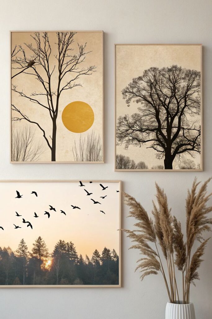 Framed wall art with tree silhouettes and birds in flight over a sunset forest, paired with decorative pampas grass.