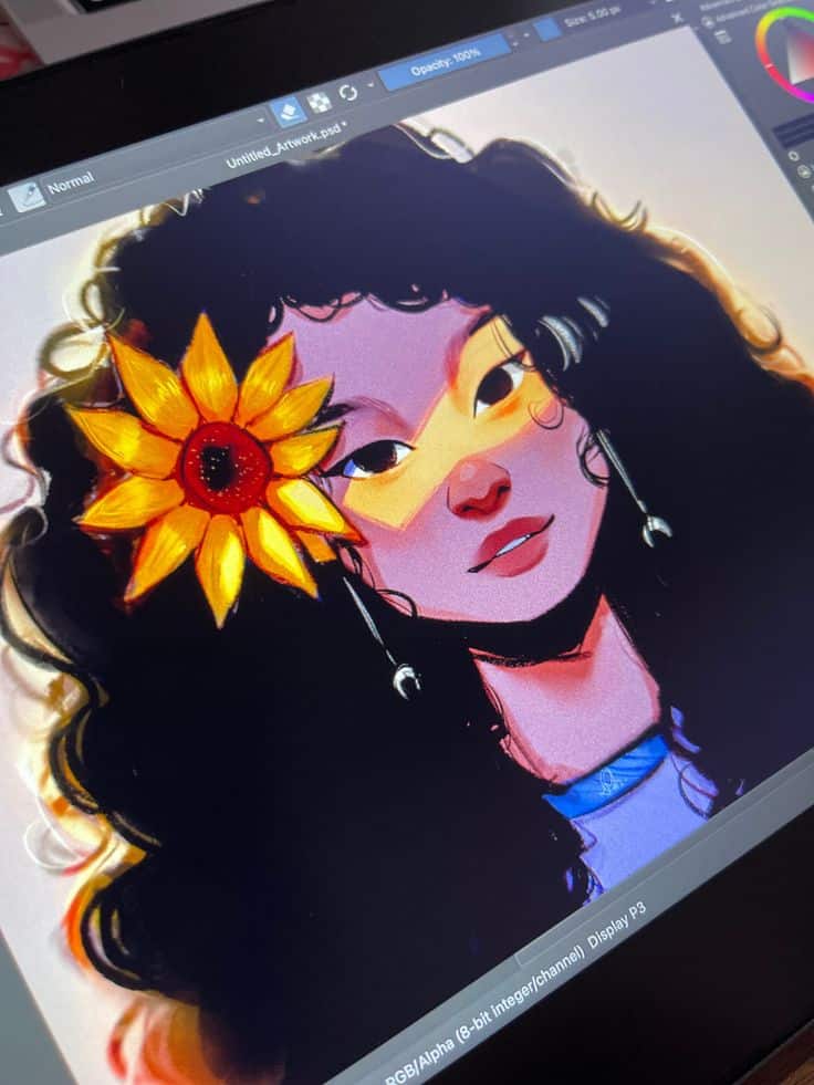 Getting Started in Digital Art for Beginners Digital Art Tutorial Drawing Tutorial Digital artwork of a woman with curly hair, sunflower accessory, and earrings, viewed on a digital art software screen. | Sky Rye Design Digital artwork of a woman with curly hair, sunflower accessory, and earrings, viewed on a digital art software screen.