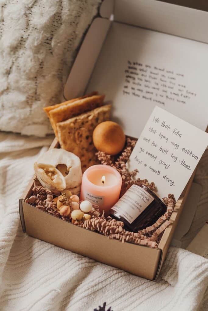 Gift box with a candle, snacks, and a handwritten note on a cozy blanket, perfect for relaxation.
