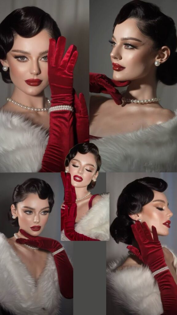 Elegant woman in vintage attire, red gloves, pearl necklace, glamorous makeup, and fur stole; a classic Hollywood style.
