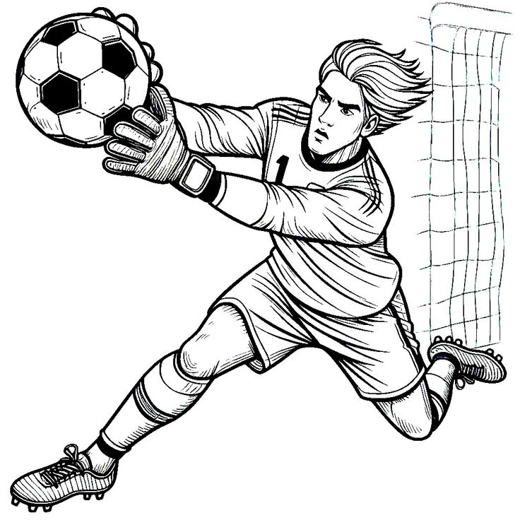 Goalkeeper Number 1 Catching Soccer Ball ⚽🧤 Coloring Page Illustration of a soccer goalkeeper in action, diving to catch a ball near the goal. | Sky Rye Design Illustration of a soccer goalkeeper in action, diving to catch a ball near the goal.