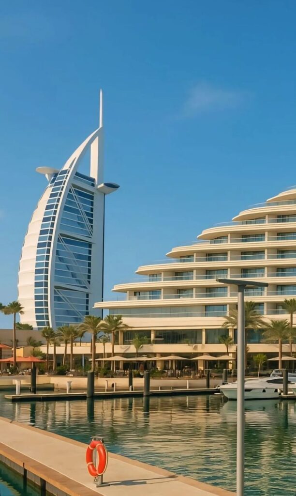 Golden hour by the sail Burj Al Arab shining in all its glory 🌅✨ Modern seaside architecture with blue sky and reflections in calm water. | Sky Rye Design Modern seaside architecture with blue sky and reflections in calm water.