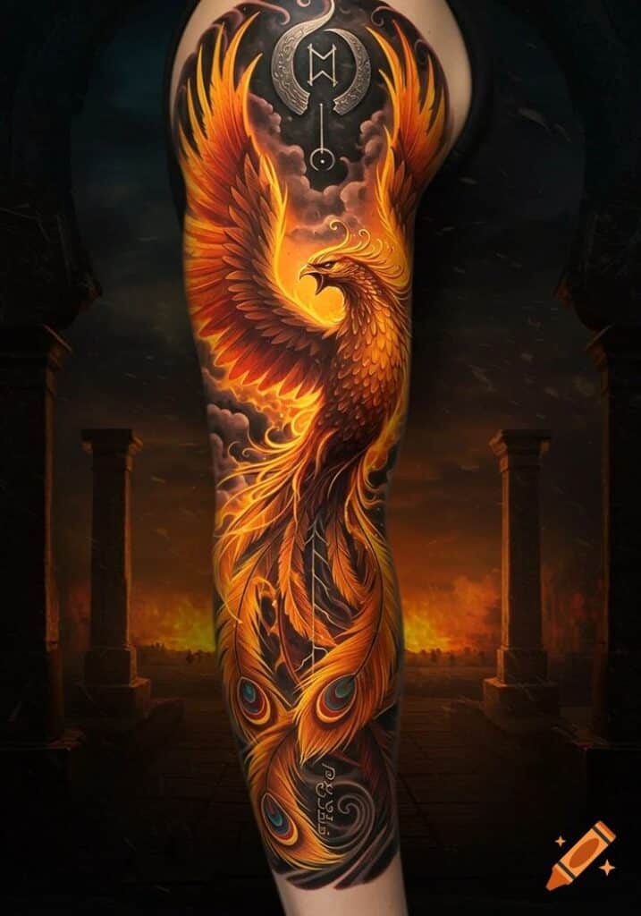 Phoenix tattoo artwork with fiery wings covering a leg, set against an ancient ruins background.