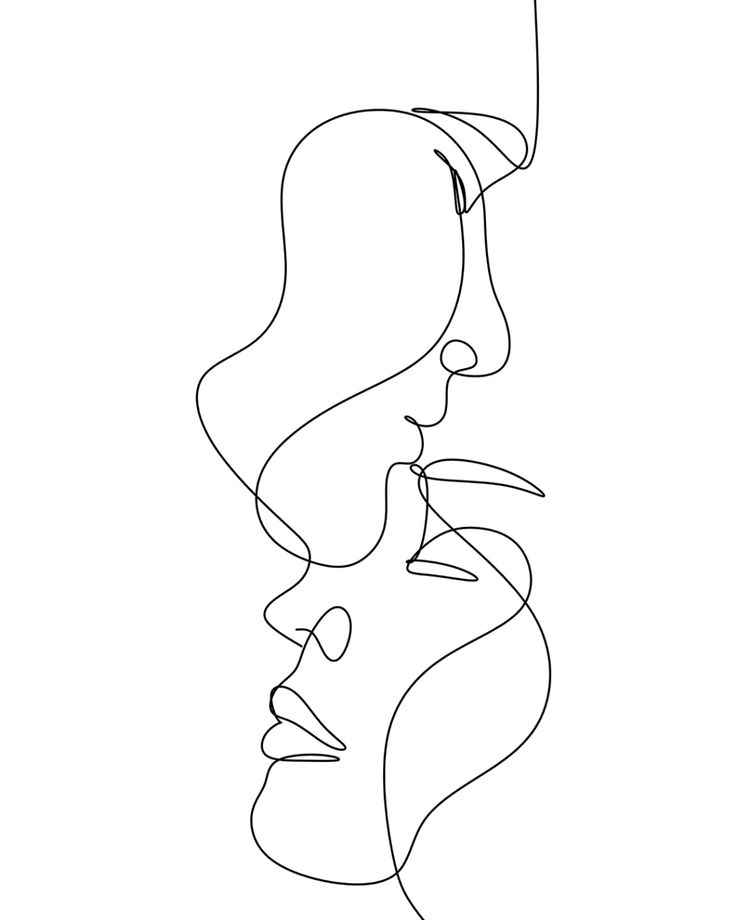 Continuous line art illustrating two abstract faces, symbolizing connection and unity in modern minimalistic style.