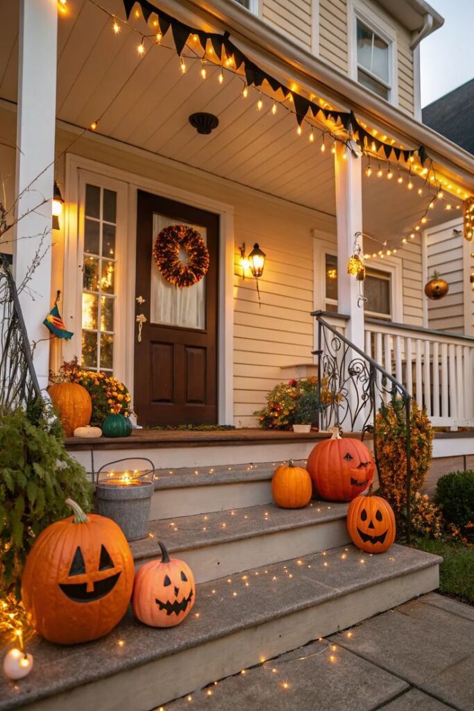 Halloween-themed porch with carved pumpkins, string lights, and festive wreath on a welcoming front door.