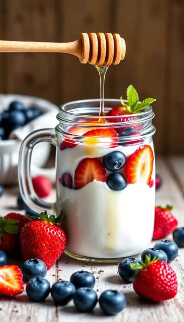 Honey drizzling over yogurt with strawberries and blueberries in a mason jar, garnished with mint. Berry dessert delight.