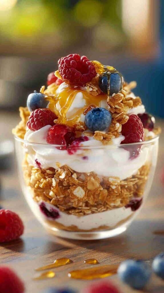 Delicious yogurt parfait with fresh berries, granola, and honey drizzle in a glass cup. Morning breakfast treat.
