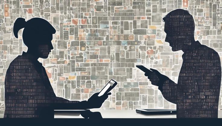Silhouettes of two people using smartphones, with a digital background of various tech images.