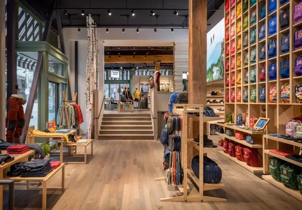 HH-Fjallraven-145x-jpg-scaled-1 Outdoor gear store interior with colorful backpacks on display and clothing racks along wooden floor. | Sky Rye Design Outdoor gear store interior with colorful backpacks on display and clothing racks along wooden floor.