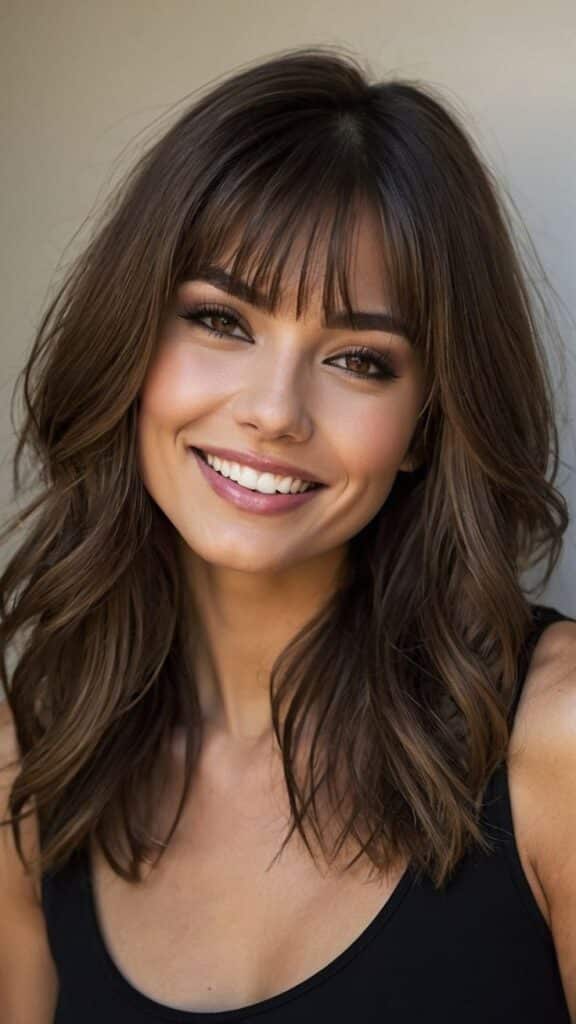 Smiling woman with long brown hair and bangs in a black top, showcasing natural beauty and radiant skin.