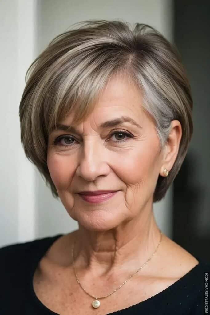 Elegant older woman with gray bob haircut wearing pearl earrings and necklace, smiling softly.