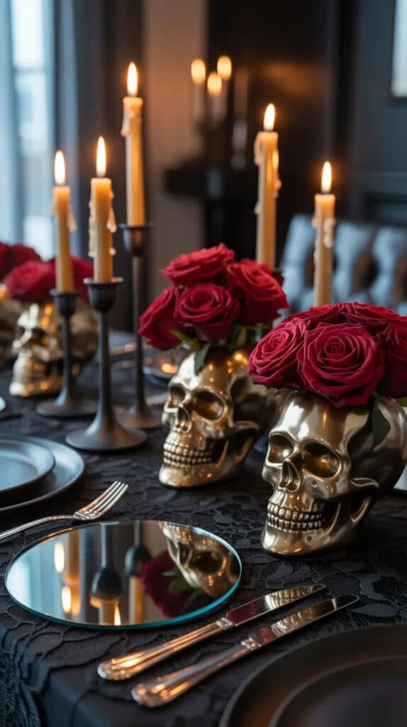 Elegant Gothic table setting with skulls as vases for red roses, surrounded by candlelight and black tableware.