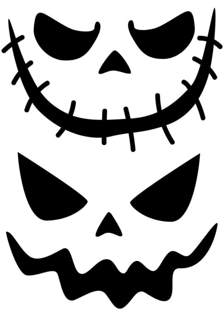 Scary black and white Halloween pumpkin faces with stitched and evil expressions, perfect for spooky decorations.