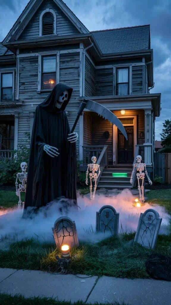 Haunted house with grim reaper, skeletons, fog, and tombstones for Halloween decoration. Spooky night setting.