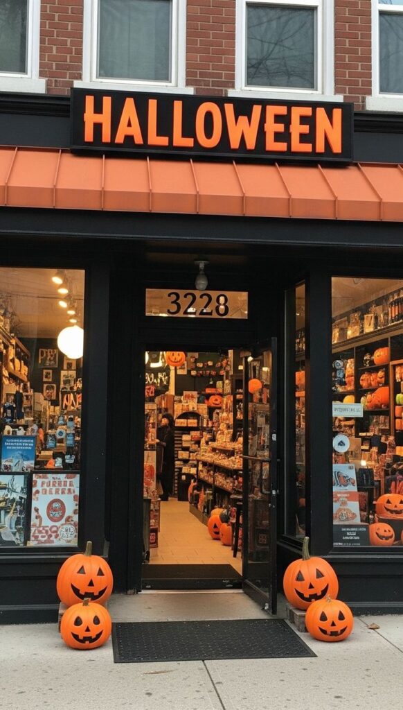 Halloween Shop Storefront with Halloween decor, pumpkins, and merchandise inviting customers to explore festive items inside. | Sky Rye Design Storefront with Halloween decor, pumpkins, and merchandise inviting customers to explore festive items inside.
