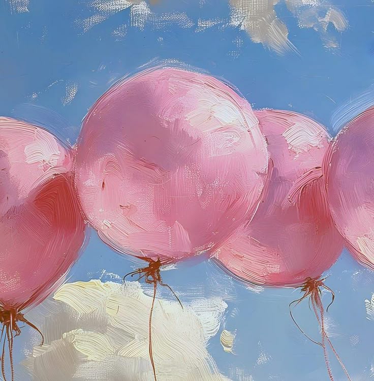 Pink balloons float against a bright blue sky with fluffy clouds, creating a whimsical and joyful scene.
