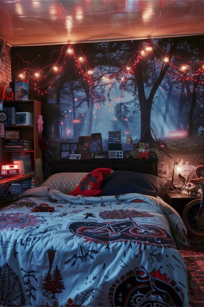 Cozy bedroom with forest wallpaper, string lights, and colorful bedding, creating a warm, inviting atmosphere.