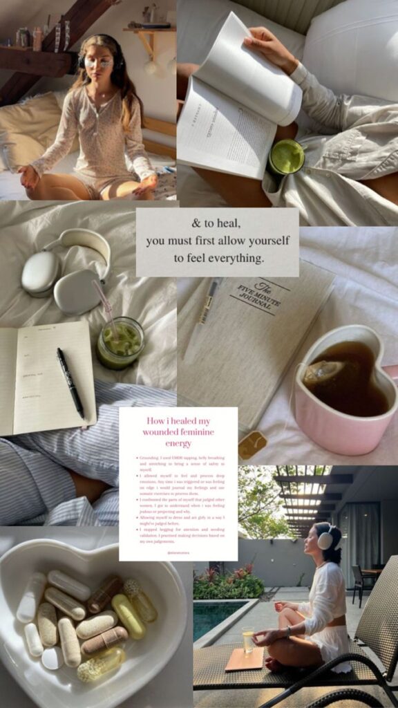 Healing ☀️ Collage of wellness routines: meditation, journaling, reading, and relaxation with tea and supplements. | Sky Rye Design Collage of wellness routines: meditation, journaling, reading, and relaxation with tea and supplements.