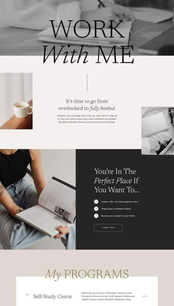 Work with me webpage design emphasizing business growth and online courses with a focus on client consistency and expertise.