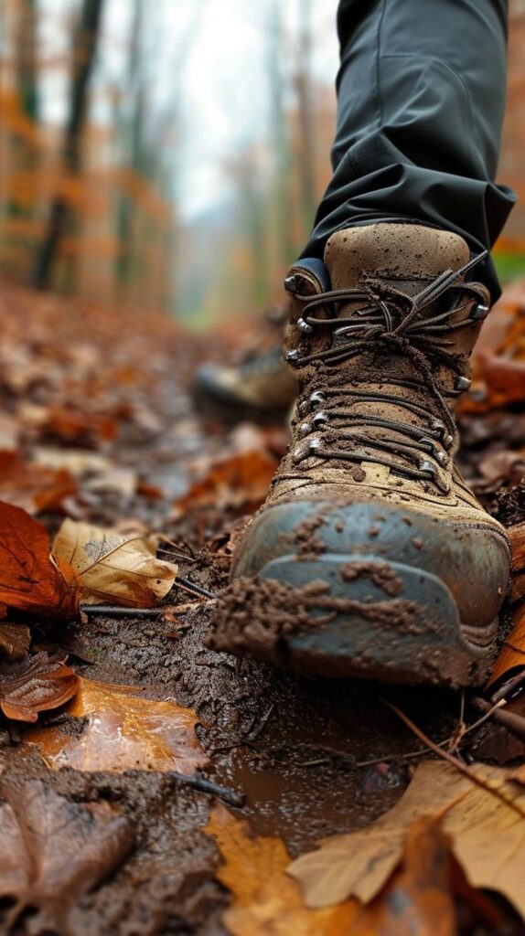 Muddy hiking boot trekking through autumn forest trail, surrounded by fallen leaves and vibrant foliage.