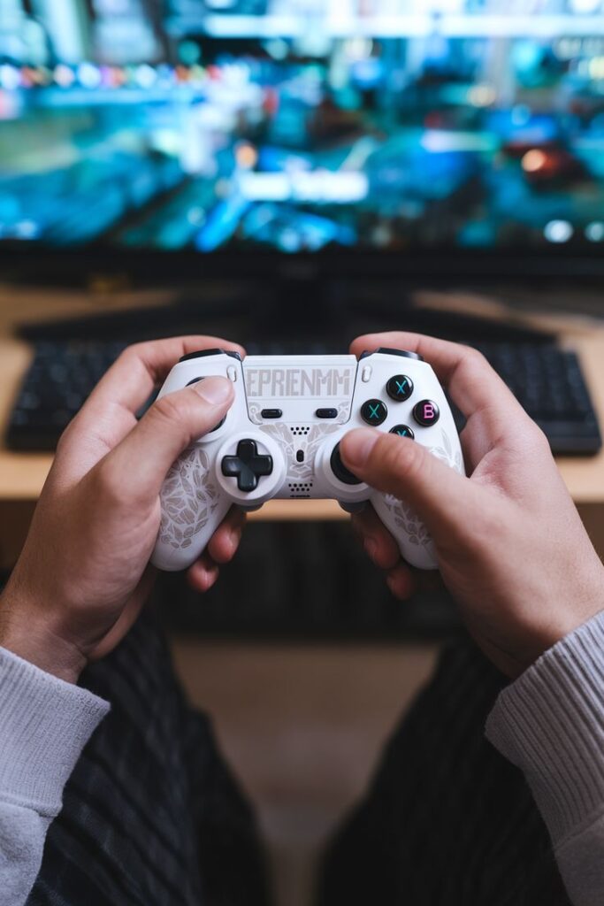 Person holding a game controller in front of a blurred TV screen, ready for gaming action.