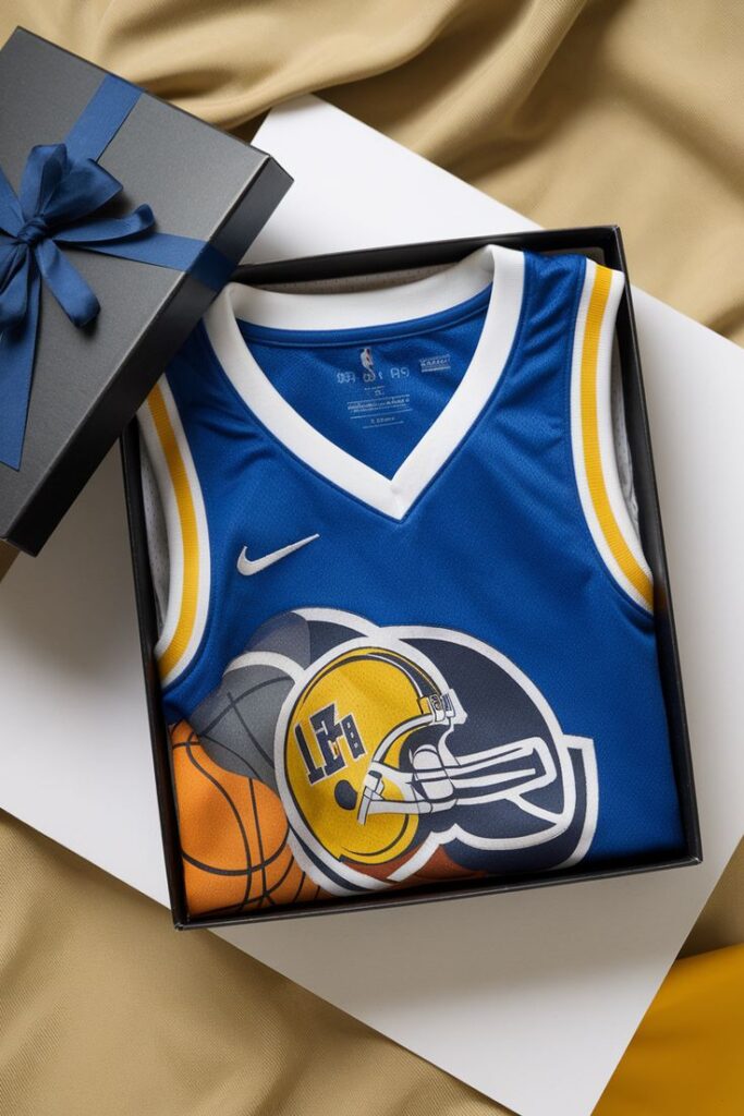 Blue sports jersey with logo in gift box, adorned with matching ribbon.