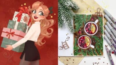 Animated woman with gifts and holiday drinks with oranges and berries, festive background and drawing supplies.
