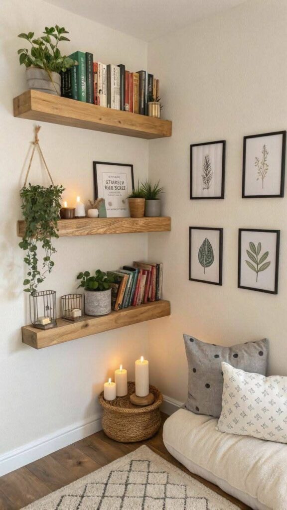 Home Decoration Ideas for a Stylish Look Cozy reading nook with floating shelves, books, plants, candles, and nature-themed art on the wall. | Sky Rye Design Cozy reading nook with floating shelves, books, plants, candles, and nature-themed art on the wall.