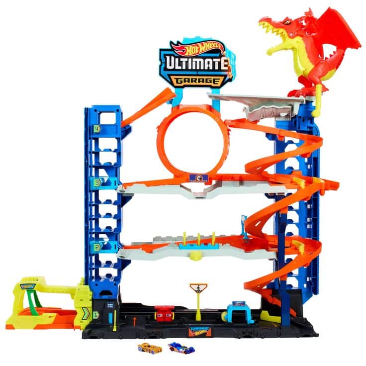 Hot Wheels Ultimate Garage playset with track, loop, spiral, and dragon. Includes three toy cars.