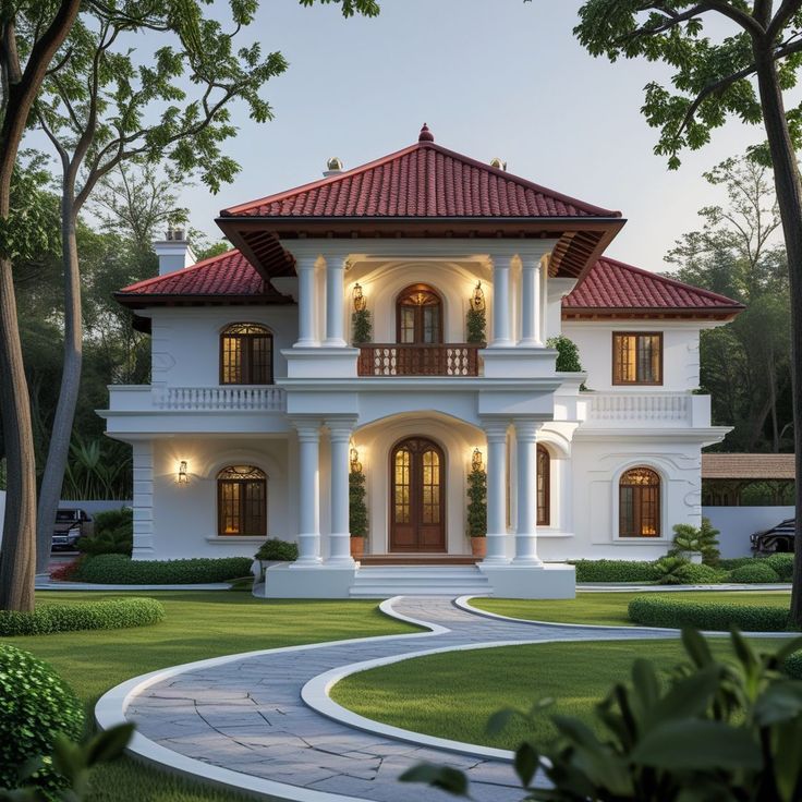 Elegant, two-story white villa with red roof, surrounded by lush greenery and a curved pathway leading to the entrance.