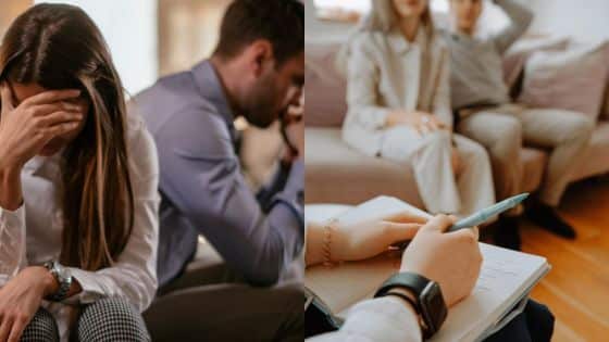 How Mental Fatigue Affects Decision-Making in Relationships Couple at therapy, deep in thought and discussion, with a therapist taking notes. | Sky Rye Design Couple at therapy, deep in thought and discussion, with a therapist taking notes.