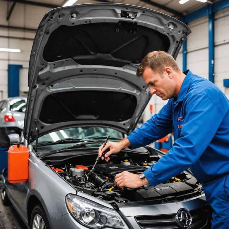 Mechanic in blue uniform inspecting car engine in auto repair garage.