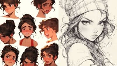 Digital art of a girl displaying various emotions, coupled with a detailed sketch of a girl in a beanie.