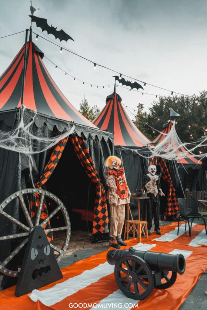Spooky Halloween circus tent with creepy clowns, cobwebs, bats, and a cannon, creating a chilling festive atmosphere.