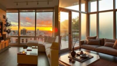 Modern living room with panoramic city and sunset views, glass doors, and comfortable beige sofas.
