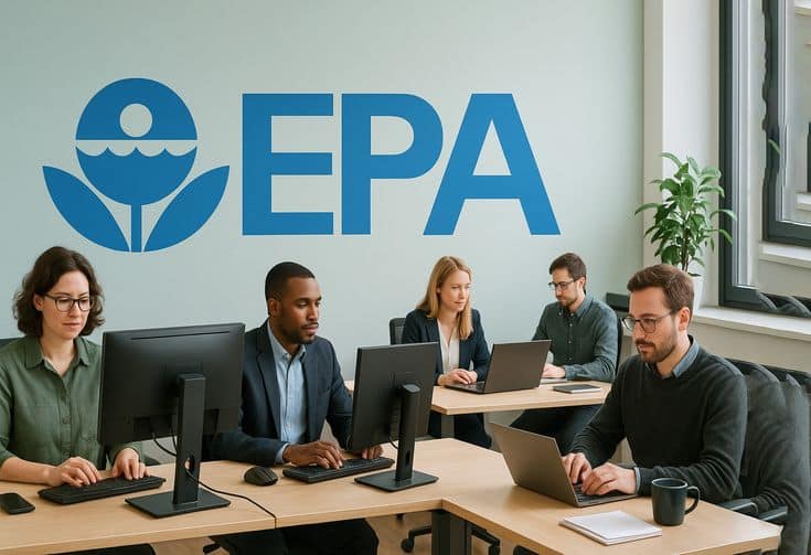 Office team working at desks with computers, under large EPA logo.
