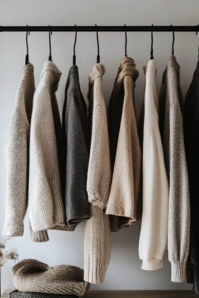 Neutral-toned knit sweaters hanging neatly on a clothing rack in a minimalist closet space.