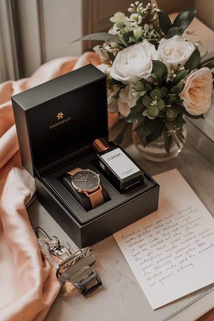 Elegant gift set with watch, perfume, and flowers on a table, capturing luxury and style in a soft, romantic ambiance.