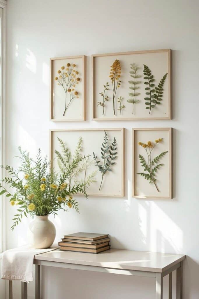 Framed botanical prints and flower vase on a table with books, minimalist home decor against a white wall. DIY home decor