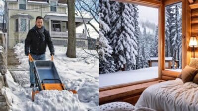 Man clearing snow outside house; cozy cabin bedroom with snowy forest view.