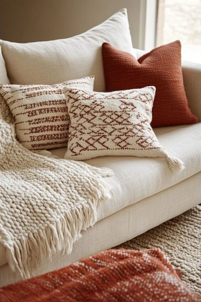Cozy beige sofa with patterned throw pillows and knit blanket in warm tones, perfect for a stylish living room.