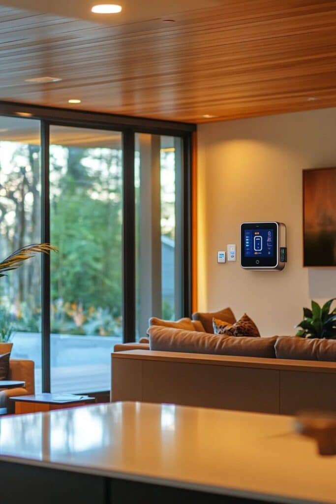 How to Reduce Energy Consumption with Smart Home Devices Modern living room with smart home technology on wall, featuring couch, large windows, and greenery outside. | Sky Rye Design Modern living room with smart home technology on wall, featuring couch, large windows, and greenery outside.